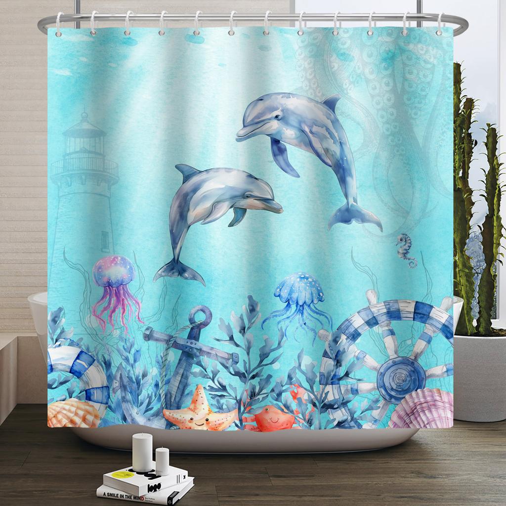 Underwater World Theme Bathroom Shower Curtain Sharks Turtles Jellyfish Decor Waterproof Bathroom Polyester Curtain With Hooks