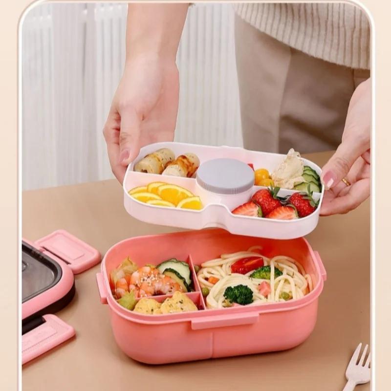 Portable Double Layer Lunch Box Compartment Salad Fruit Box with Handles Students Workers Microwave Bento Box with Fork Spoon