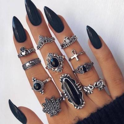 11 Pcs Silver Knuckle Rings Set Gothic Statement Rings Punk Carved Crystal Ring Set for Women Gifts