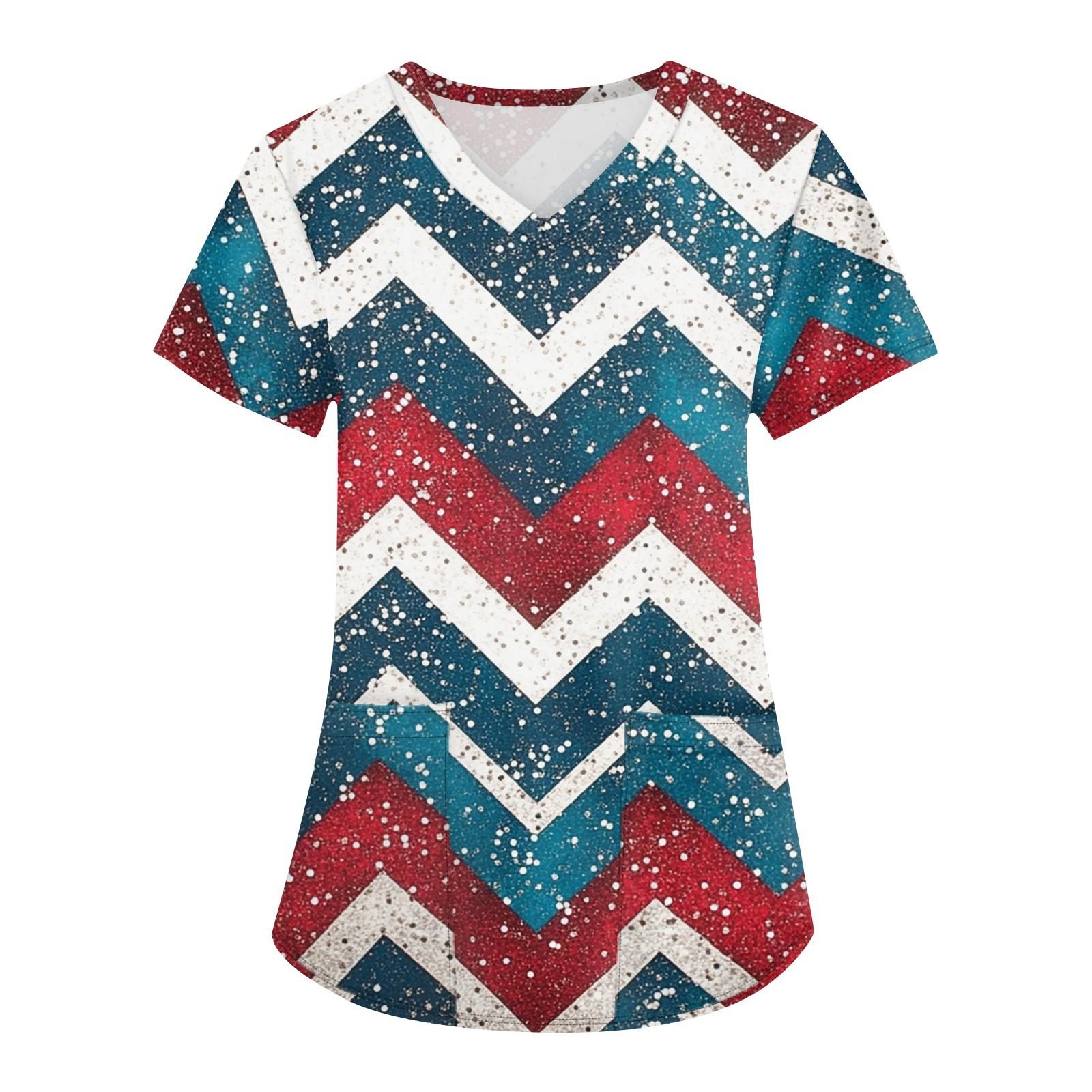 

Plus Size Printed Scrub Working Uniform Tops For Women s Cross V Neck Independence Day Print Short Sleeve Fun T-Shirts Workwear Tee With Pockets XXXXL синий