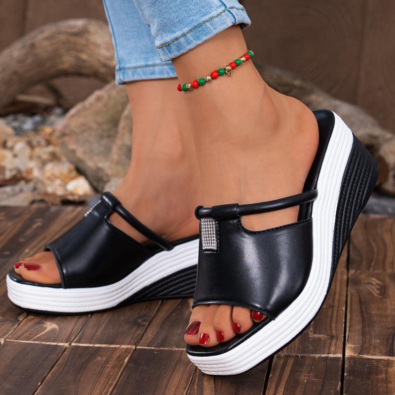 Square Toe Open Toe Platform Sandals Summer New Rhinestone Cutout Soft Sole Non-slip Wear-resistant Wedge Shoes