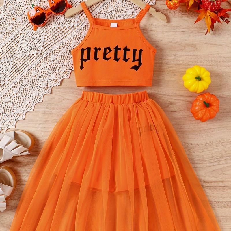 

Модный и повседневный комплект для девочек, летний детский жилет на бретелях + сетчатая юбка 13-14Y оранжевый