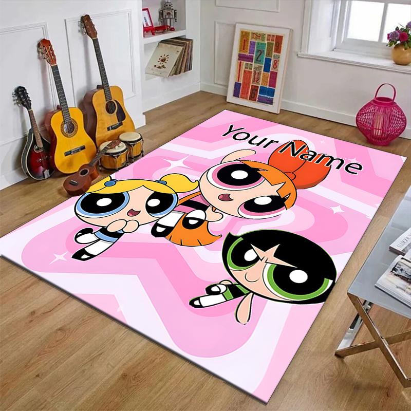 Powerpuff Design Area Rug Personalized Name- Non-Slip, Soft & Cozy Floor Mat for Living Room, Office - Indoor/Outdoor Carpet