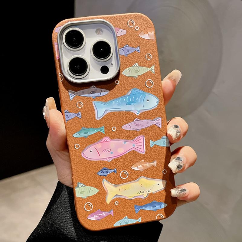 Cute Little Fish Phone Case For iPhone 16 Cases for iPhone 15 14 13 Pro Max 16e Magnetic For Magsafe Wireless Charge Leather Texture Silicone Cover
