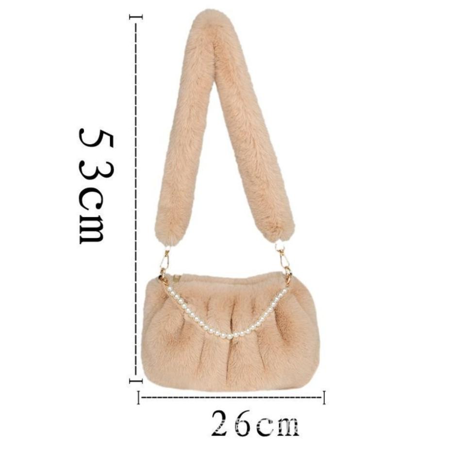 1 Pcs New Wrinkled Small Square Bag Shoulder Bag Soft Plush Fur Ladies Elegant Pearl Chain Underarm Bag Women