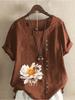 Damenmode Blume Biene Print Rundhals Kurzarm T-Shirt Lässig Baumwolle Leinen Grafikshirt Freizeit Locker Sommer Bluse Oberteile