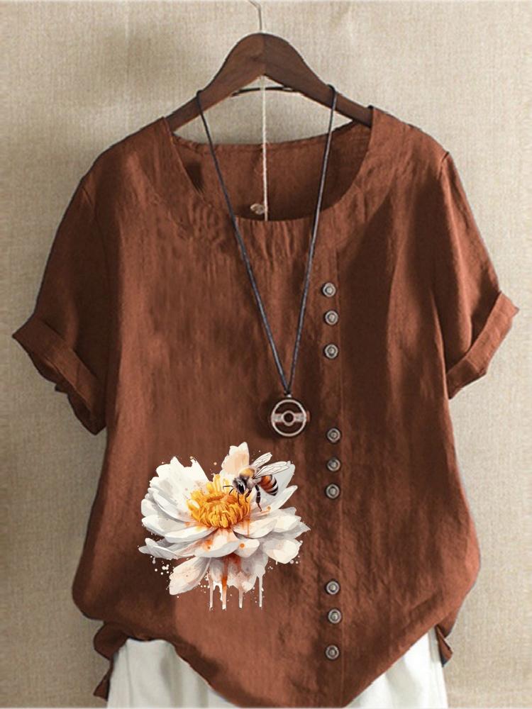 Damenmode Blume Biene Print Rundhals Kurzarm T-Shirt Lässig Baumwolle Leinen Grafikshirt Freizeit Locker Sommer Bluse Oberteile