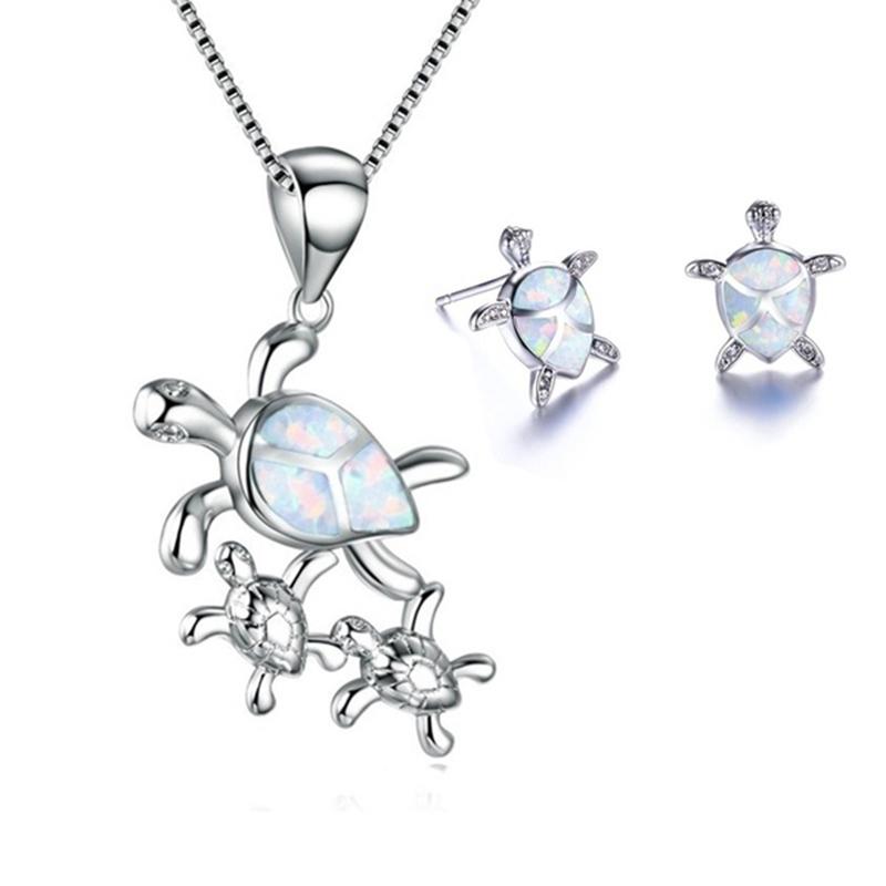 Modisches Niedliches Schildkröten-Tier Schmuckset Für Frauen Imitation Blauer Feueropal Anhänger Halskette Ohrringe Set Damen Ehering