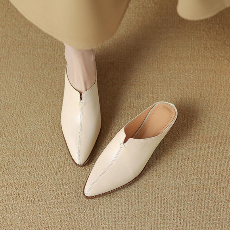 Fashion NEW Summer Women Mules Genuine Leather Shoes for Women Cover Toe Chunky Heel Slippers Pointed Toe Slingback Designer Sandals