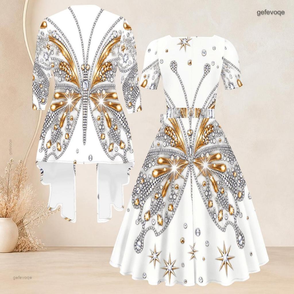 Women Plus Size Two Piece Set Black Printed Square Neck Short Sleeve Tie Waist Flared Dress And 3 4 Sleeve Cardigan