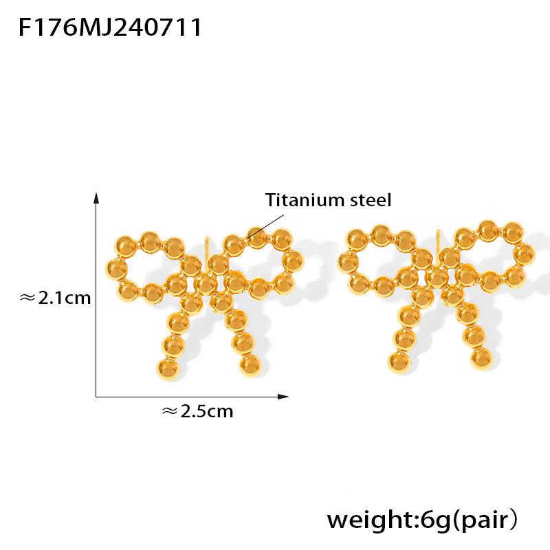 Cross-Shape Round Stud Earrings with Bow Knot, Titanium Steel, 18K Gold-Plated Niche Design