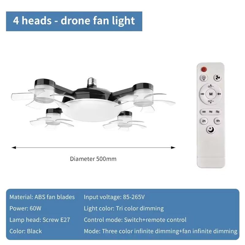 2-in-1 60W Fan Light E27 Drone Design Ceiling Fan Light with Remote Control AC85-265V Fan Lighting Bulb for Home Restaurant