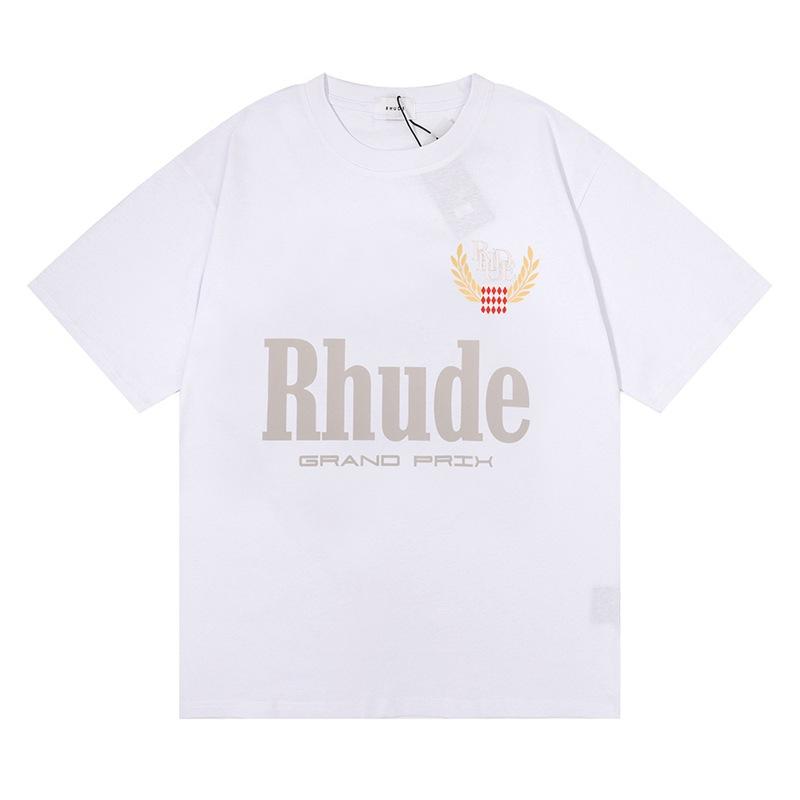 T-shirt a maniche corte trendy transfrontaliera 23SS del marchio RHUDE con micro-etichetta e stampa di lettere per uomo e donna, stile high street americano, vestibilità larga, per coppia