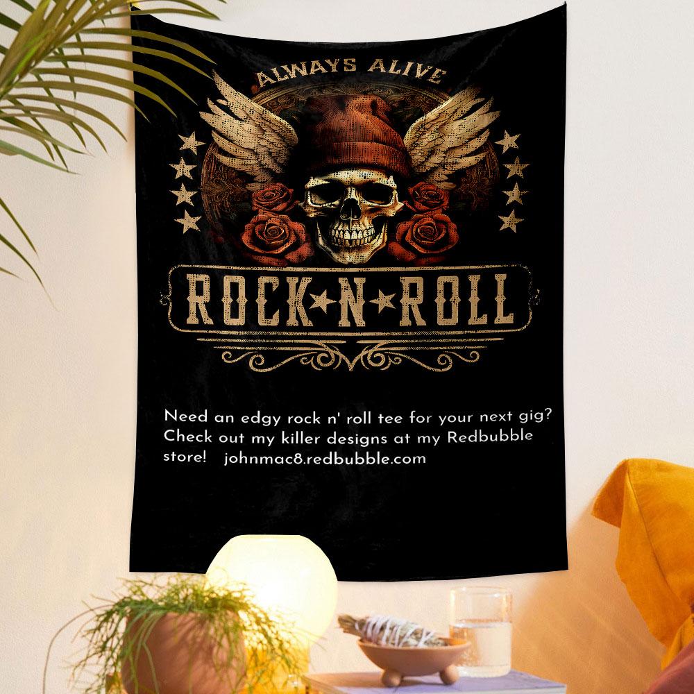 Always Alive Rock N Roll Tapestry Wall Hanging, Edgy Band Tee Design Art, Music Wall Decor for Bedroom Man Cave