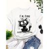 European Size Vintage "I'm Fine, Everything'S Fine" Cat Graphic T Shirt- Light Blue Casual Short Sleeve Crew Neck, Casual Women'S Multifunctional