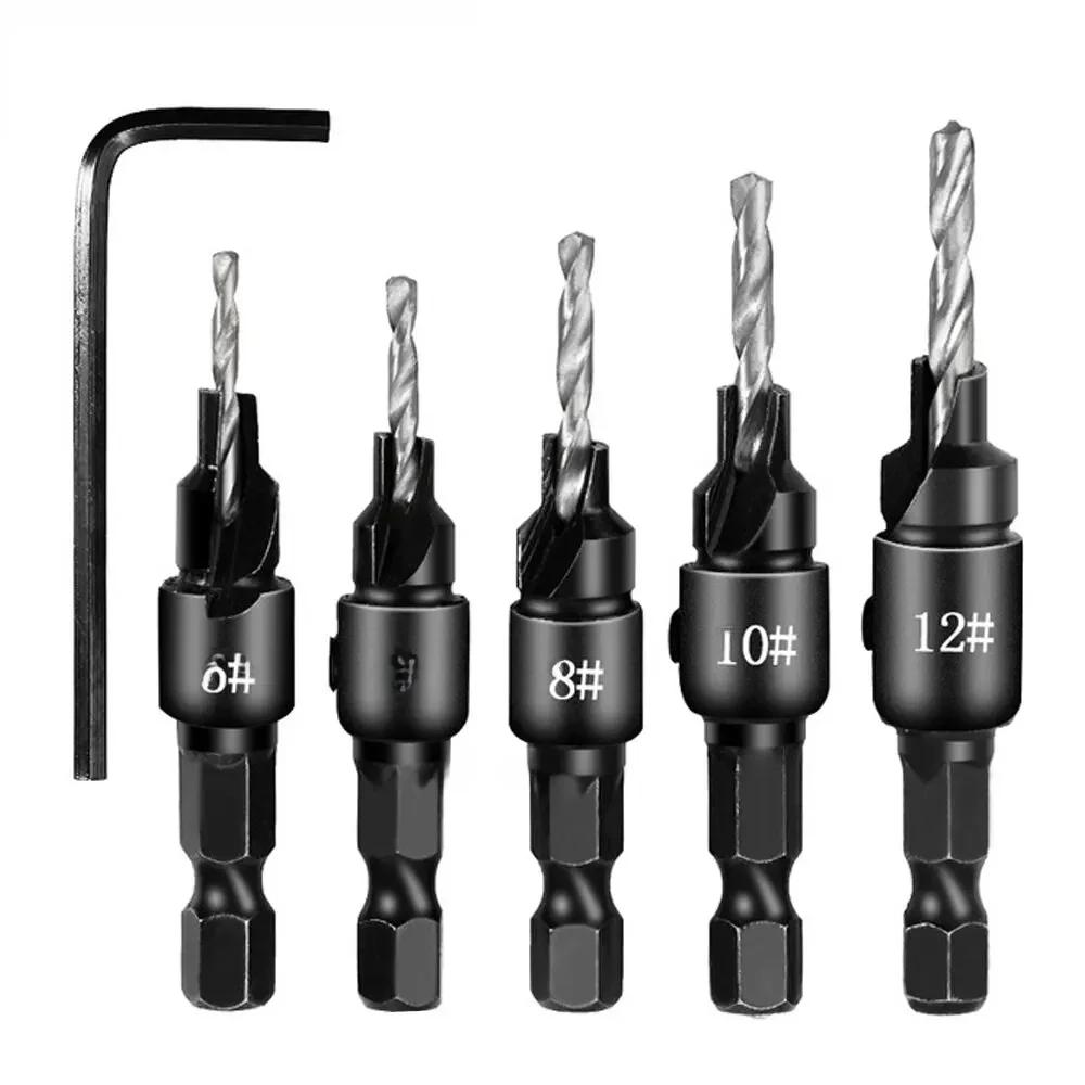 

6 шт. Деревообрабатывающий резьбонарезной инструмент с шестигранным хвостовиком, потайное сверло, коническое сверло, сверление и развертывание отверстий, набор инструментов