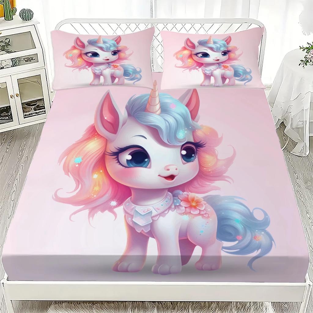 Unicorn Pattern 3D Fitted Sheets Set Cute Kids Bedding with 1/2 Pillowcases Boys Girls Bedroom Decor