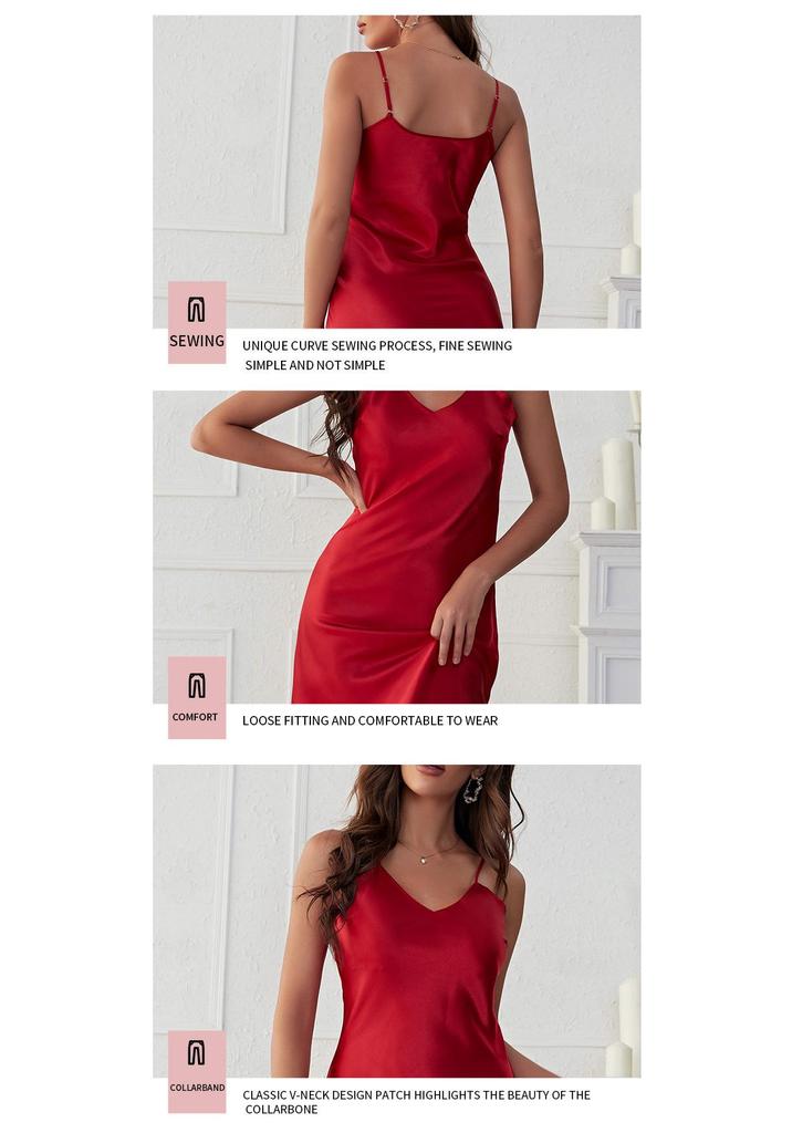 Women's Spring/Summer Imitation Silk V-Neck Slip Dress - Sleeveless and Sexy for Home or Outer Wear