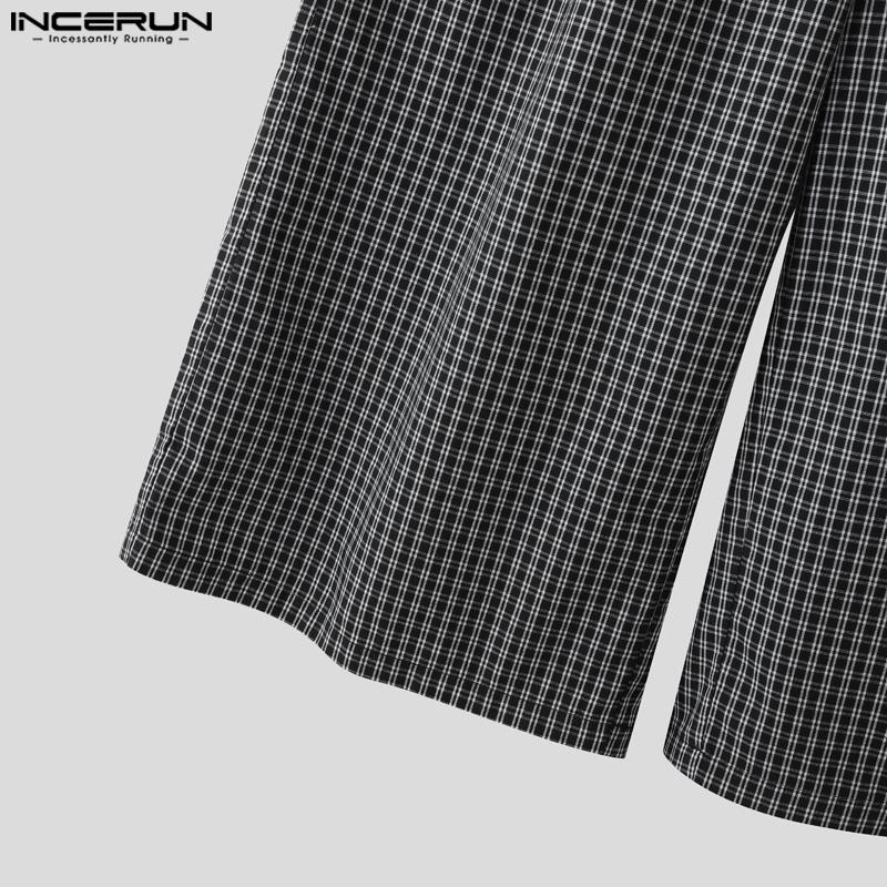 INCERUN Men Elastic Waist Plaid Print Casual Loose Wide Legs Capri Pants Shorts
