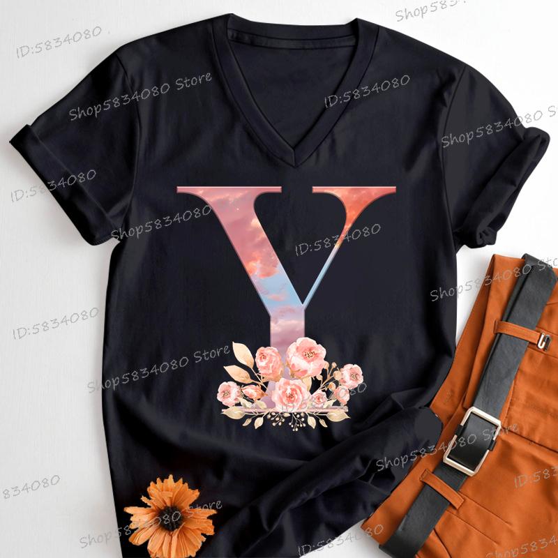 Womens Clothing Pink Flower Alphabet Classic Top Sky Alphabet Cartoon Tshirt FeUnisex Floral Letters A B C D Birthday Gift Shirt