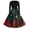 Christmas Print Flare Dress For Women Long Sleeve Dress Hollow Party Casual Square Collar Dresses
