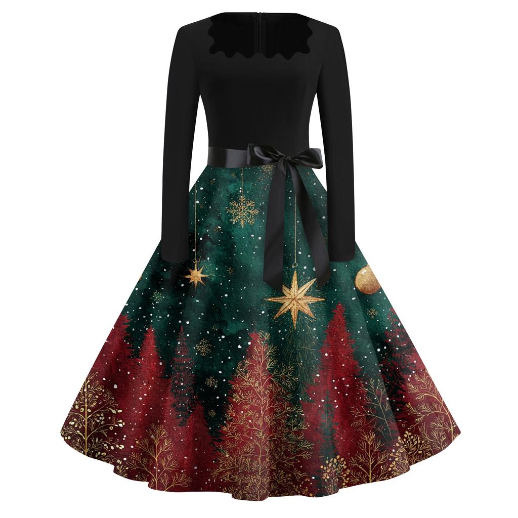 Christmas Print Flare Dress For Women Long Sleeve Dress Hollow Party Casual Square Collar Dresses
