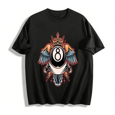 Vintage Billiard 8 Ball Crown Wing Print Casual Top Pure Cotton T-shirt