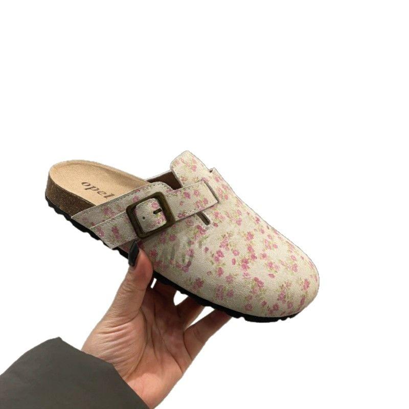 Retro floral women's outer wear spring and summer new one-pedal bag head thick-soled Boken half slippers