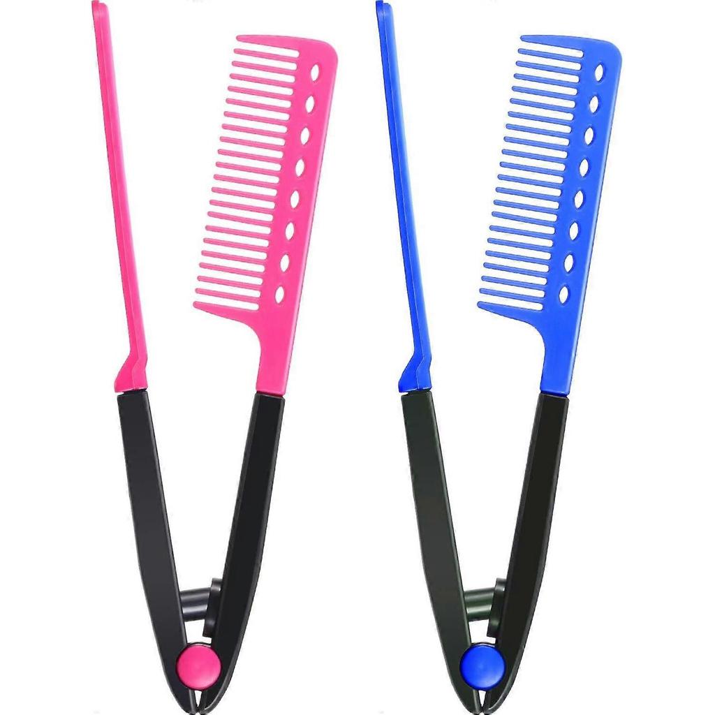 2 Flat Combs Hair Straightener Comb Salon Hair Brush Hairdressing Comb V-Shaped Straightener (Roes Red, Blue,2024 Ping