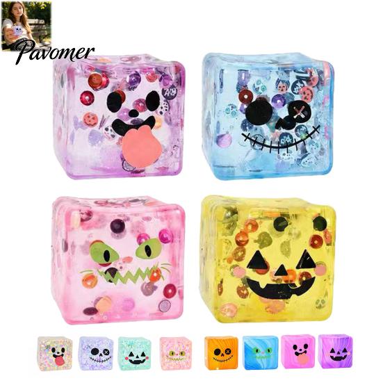 Gifts for Holiday Parties Halloween Squeeze Toy with Glitter & Light Up, Maltose Cube Sensory Fidget Colorful TPR Cubes Stress Relief, Slow