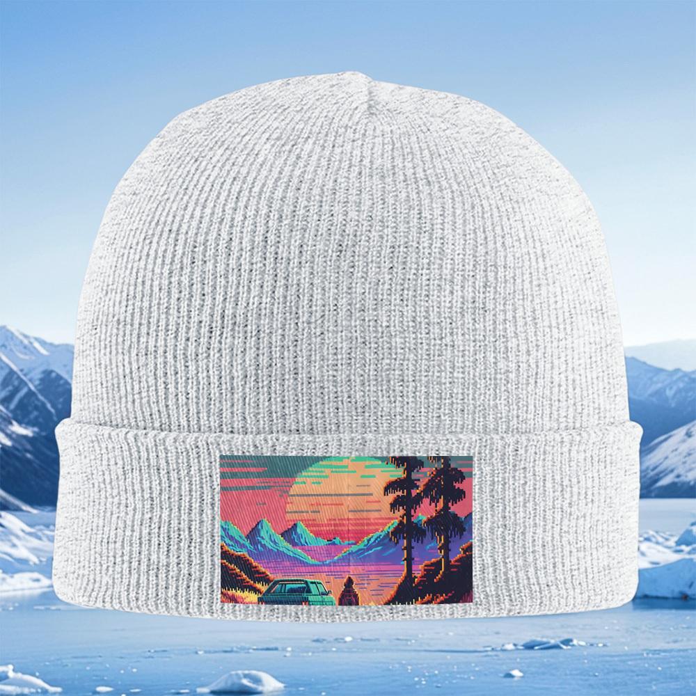 Mountains sunset car silhouette person trees Men Women Unisex Knitted Hat Beanie Pullover Cap Winter Thermal Warm Christmas Outd