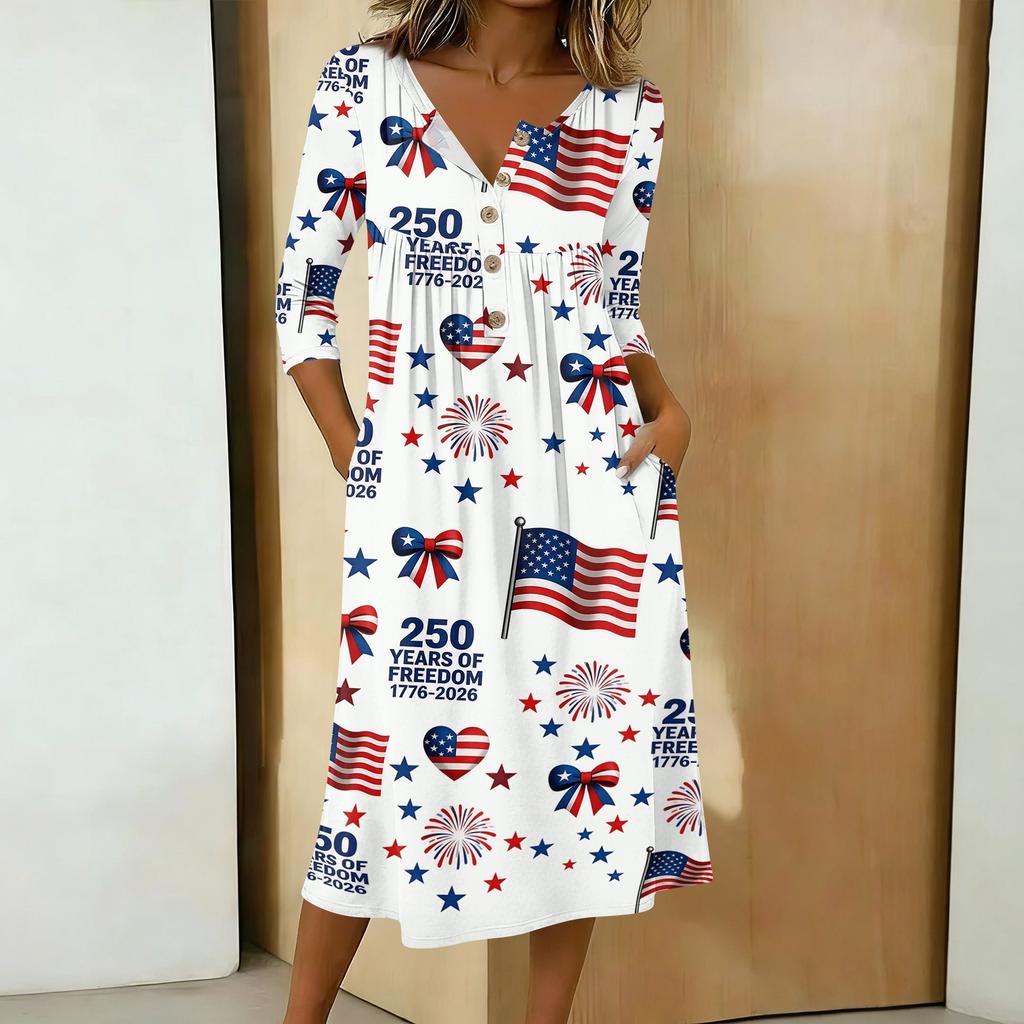 Women's Casual 3/4 Sleeve Button Front Midi Dress with Independence Day Print and Relaxed Fit for Everyday Wear