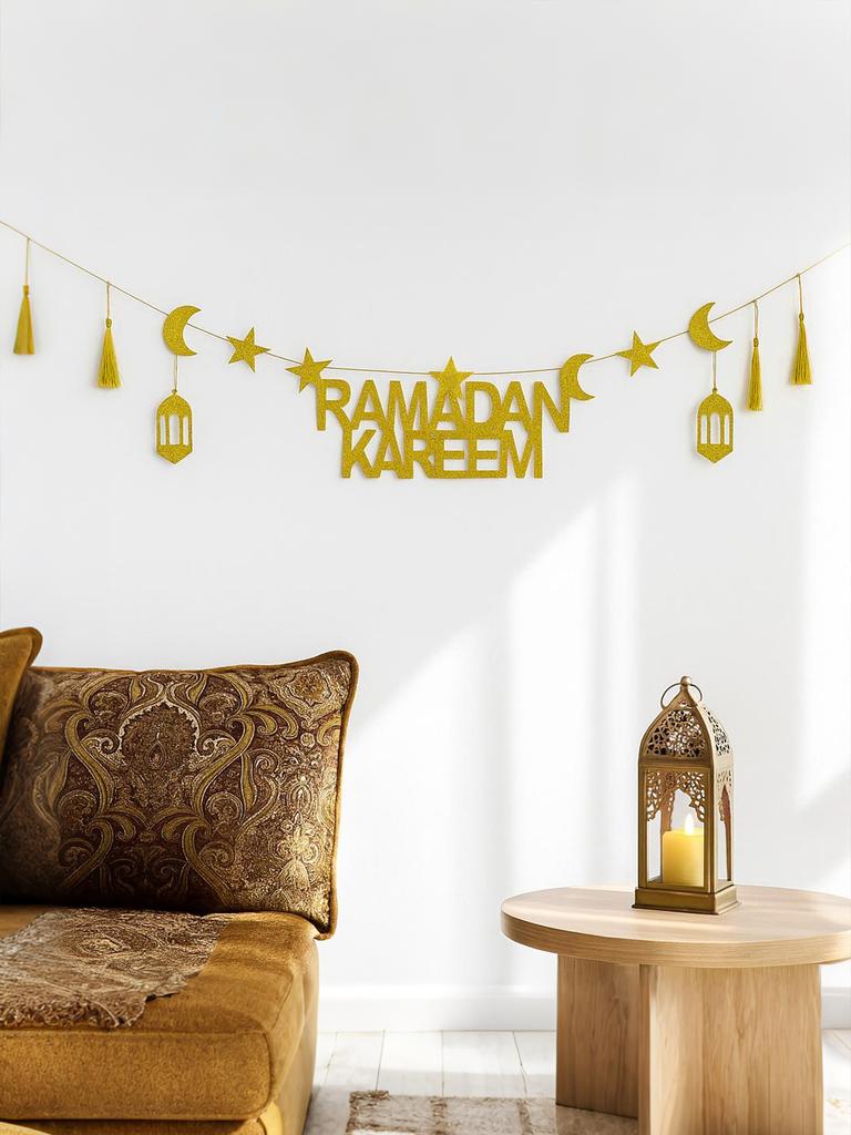 Ramadan Kareem Guldglitter Banner Non-Woven Tyg Stjärna Måne Lykta Tofs Väggdekor Girlang Islamisk Festlig Hemdekoration