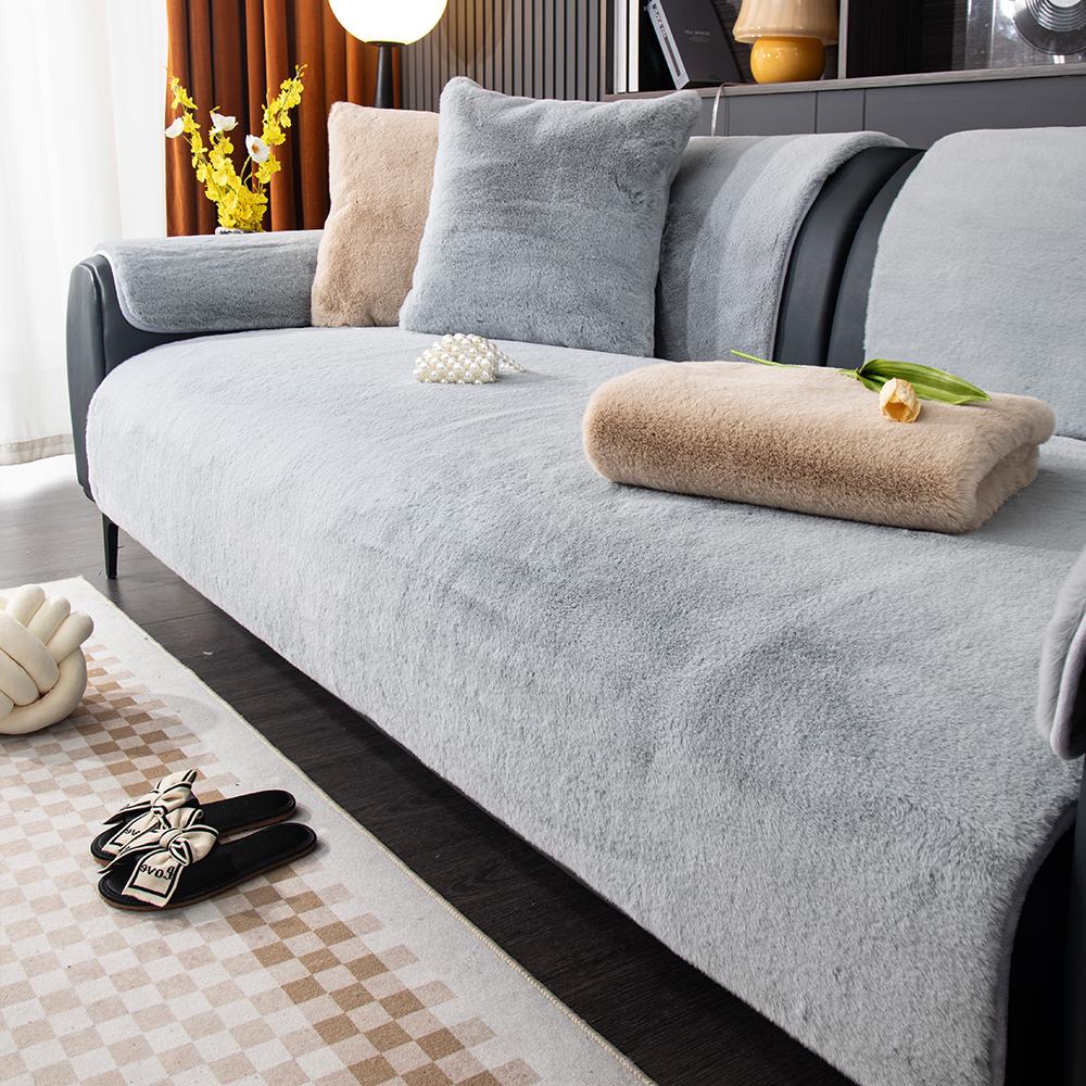 Winter Sofa Cover Rabbit Fur Soft Sensation Padded Plush Sofa Cushion Non-Slip Furniture Protector Suitable for 1-4 People