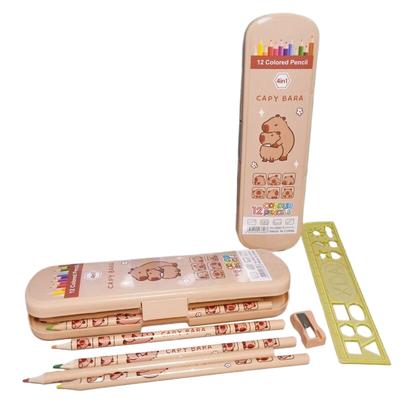 1Set Cartoon Cute Capybara Wooden Colored Pencils Ruler Pencil Sharpener For Children Drawings Art Colored Pencil Set Gifts