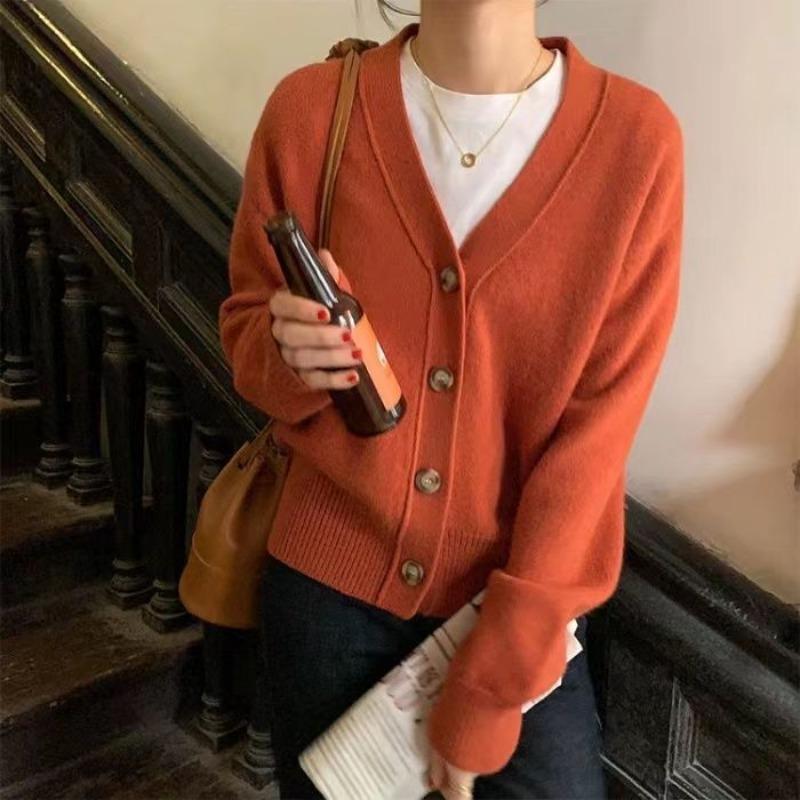 Pulover cardigan cu decolteu în V casual și versatil toamnă și iarnă casual cu gât în ​​V cu mânecă lungă pulover tricotat solid top feminin