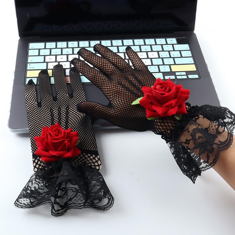 Mesh Flower Etiquette Gloves Fingered Short Mesh Lace Decorative Gloves