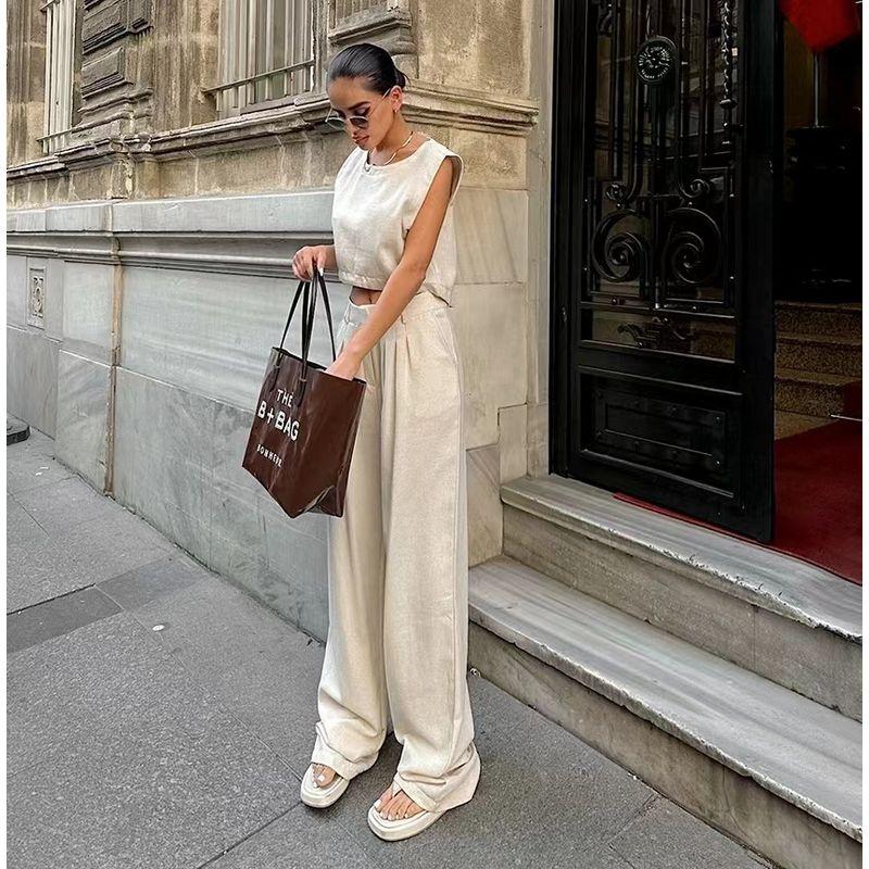 Fashion Style Summer Fashion Casual Khaki Sleeveless Top and Trousers Two-piece Set Vest and Pants Set