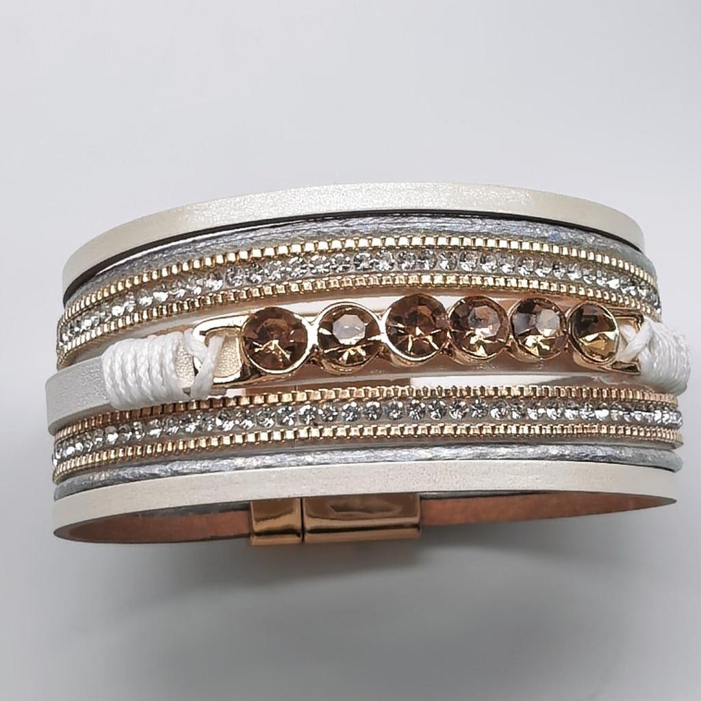 Bohemian Multilayer Geometric Leather Bracelet with Wide Edge and Magnetic Buckle - Ethnic Style Rhinestone Hand Jewelry