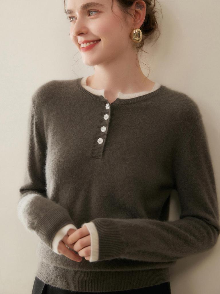 Autumn/Winter 2025 Women's Cashmere Sweater: Round Neck, Button-Up, Loose Fit, Color Block Long Sleeve Knit