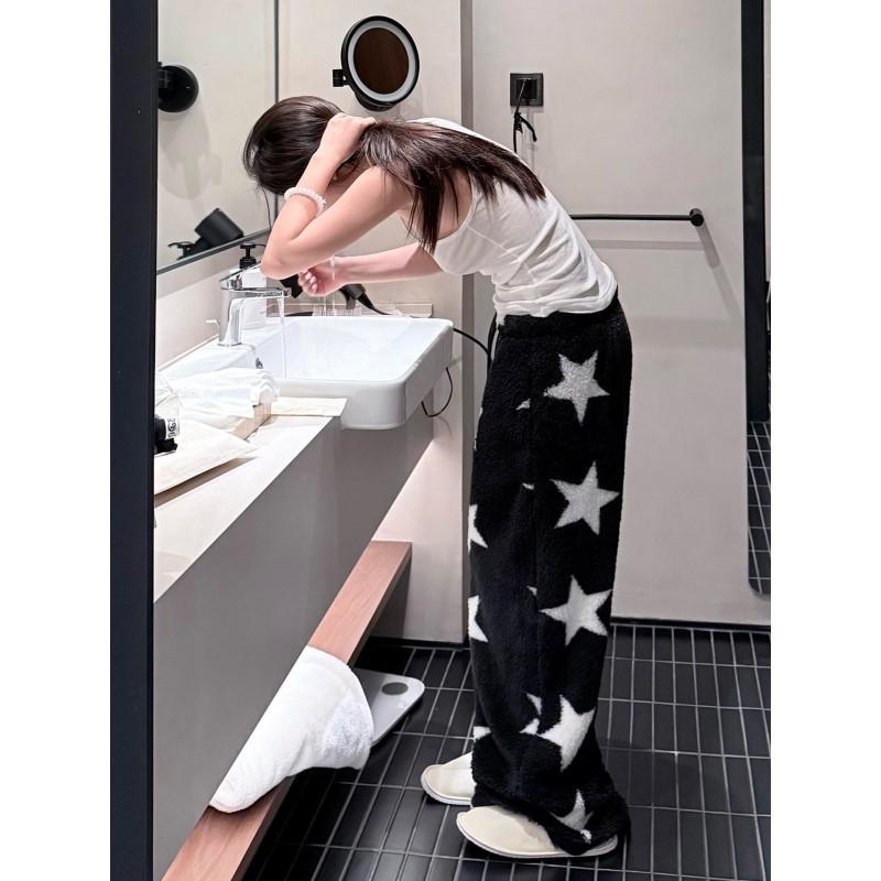 Flannel Pajama Pants Women Star Print Warm Winter Thick Soft Loungewear Trousers