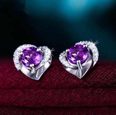 Zhenrong Herzförmige Amethyst Silberbeschichtete Ohrstecker für Damen