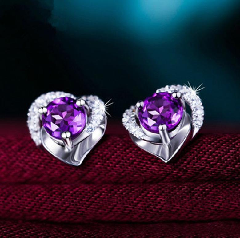 Zhenrong Silver-Plated Heart-Shaped Amethyst Imitation Stud Earrings for Women – Anti-Allergy Korean Style Jewelry