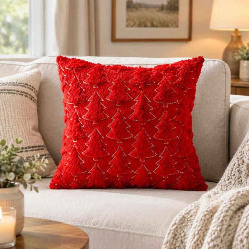 Christmas Throw Pillow Cover Set of 2, Plush Faux Furs Cushion Covers with Raised Embroidery for Coordinated Indoor Seating