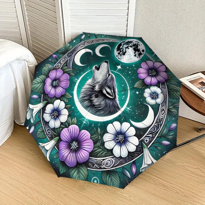 1pc Wolf Moon Floral Mandala Umbrella with Plastic Handle,Suitable for All Seasons Home Travel Outdoor UmbrellaDD1622