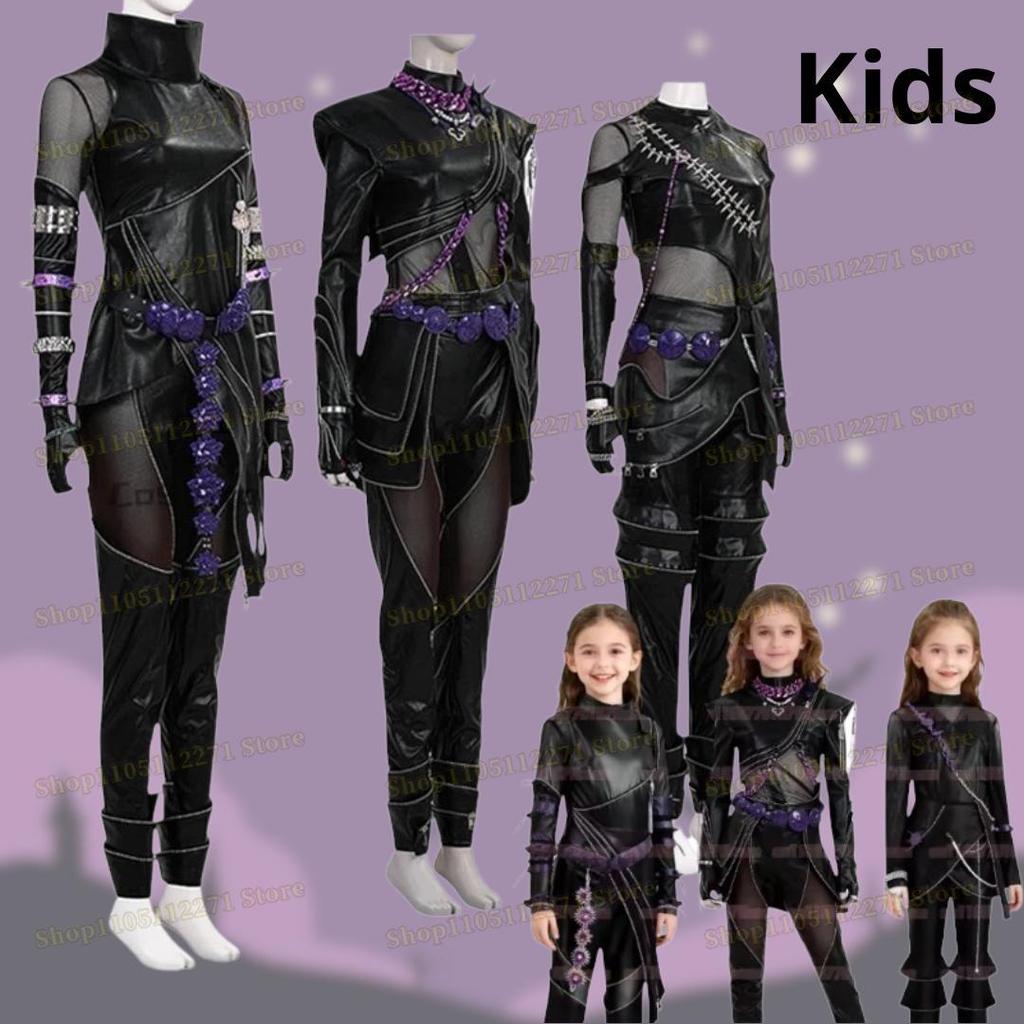 Kpop Demons Hunters Rumi Cosplay Kostyme Parykk Svart Lær Kampdrakt Voksen Kvinner Kåpe Bukser Belte Hansker Halloween Fest