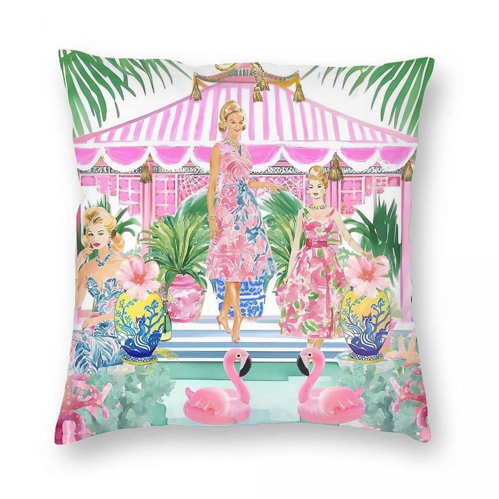 Palm Beach Girls Pink Cabana Square Pillowcase Polyester Linen Velvet Printed Zip Decorative Home Cushion Cover