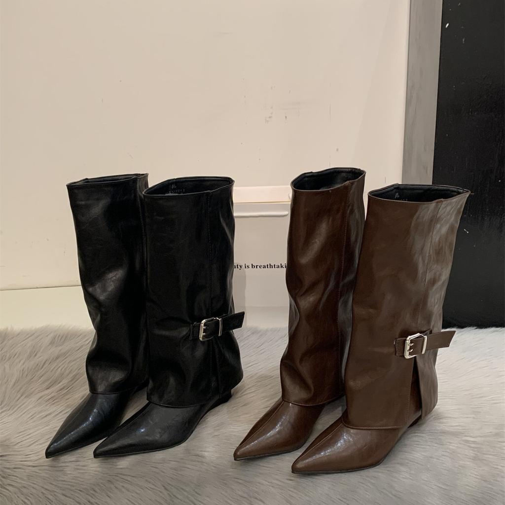 Pointed but Knee Boots Women's Thick Heel Boots Brown Vintage Knight Boots Belt Buckle Fried Street Pant Pants Boots