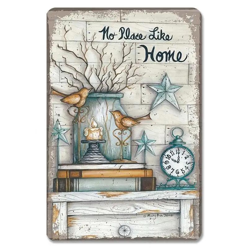 D Flat Metal Sign Vintage Welcome Garden Tin Sign Set Rustic Home Decor Butterfly Flower Watering Can Wall Art