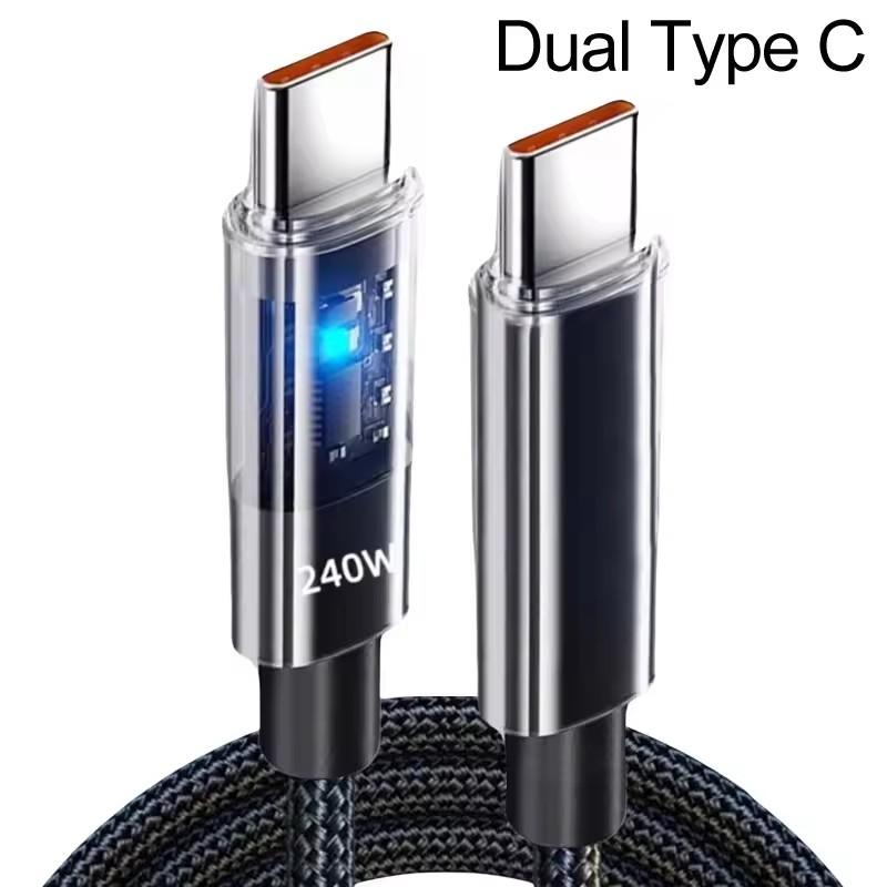 240W Super Quick Charging Nylon Cables USB Type C Transparent LED Display Data Cord USB-C Wire for Android Samsung Xiaomi